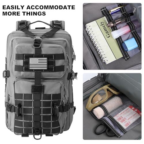 Hannibal Tactical MOLLE Assault Backpack, Tactical Backpack Military Army Camping Rucksack, 3-Day Pack Trip w/USA Flag Patch, D-Rings Grey and Black - color: Grey and Black