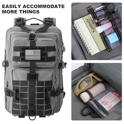 Hannibal Tactical MOLLE Assault Backpack, Tactical Backpack Military Army Camping Rucksack, 3-Day Pack Trip w/USA Flag Patch, D-Rings Grey and Black - color: Grey and Black