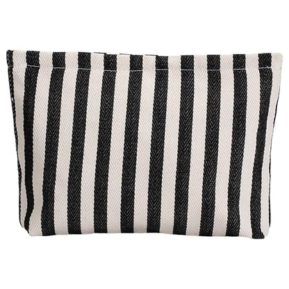 Large Black White Stripe Makeup Bag - Canvas Lined Cosmetic Toiletry Travel Pouch | Purse Organizer for Women & Girls - color: striped black