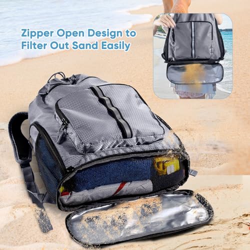 Large Beach Backpack Waterproof Sandproof - Customized Oversized Drawstring Pool Bag with Shoe Compartment for Toiletries, Towels, Gym, Travel - color: Grey