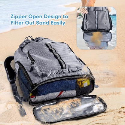 Large Beach Backpack Waterproof Sandproof - Customized Oversized Drawstring Pool Bag with Shoe Compartment for Toiletries, Towels, Gym, Travel - color: Grey
