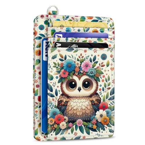 Yonlevres Credit Card Holder Slim Wallet, Floral Owl RFID Wallet Women Front Pocket Small Card Holder, Funny Cute Travel Thin Card Case ID Window PU Leather RFID Blocking Card Organizer Gift Girls - color: Owl