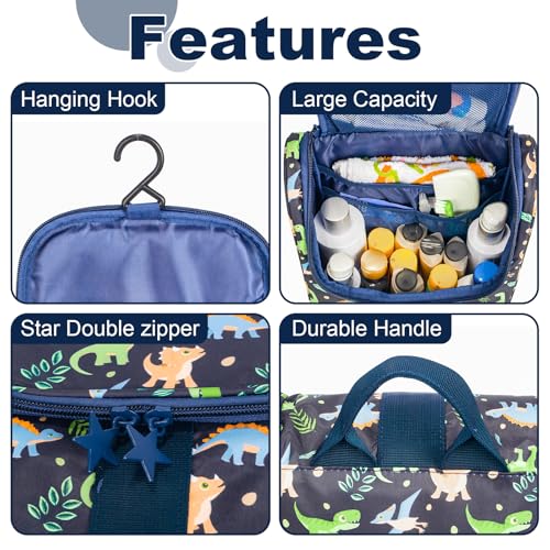 Remobia Hicol Cute Cartoon Hanging Kids Toiletry Bag Children Travel Cosmetic Makeup Organizer Wash Bag Shower bag Over Night Bag Camping Shaving Kit Bag for Boys & Girls (Dinosaurs) - color: Dinosaurs