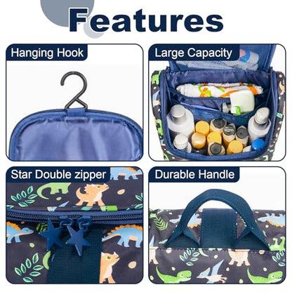 Remobia Hicol Cute Cartoon Hanging Kids Toiletry Bag Children Travel Cosmetic Makeup Organizer Wash Bag Shower bag Over Night Bag Camping Shaving Kit Bag for Boys & Girls (Dinosaurs) - color: Dinosaurs