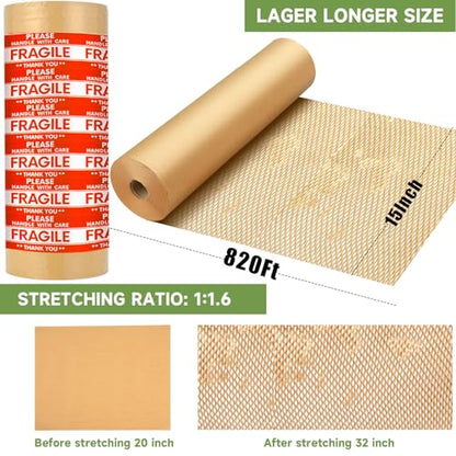 Honeycomb Packing Paper Wrap 15''x820', Substitute Alternative for Bubble Cushioning Wrap for Moving Shipping Packaging, Recyclable Moving Supplies with 48 Fragile Sticker Labels - size: 15''x820'