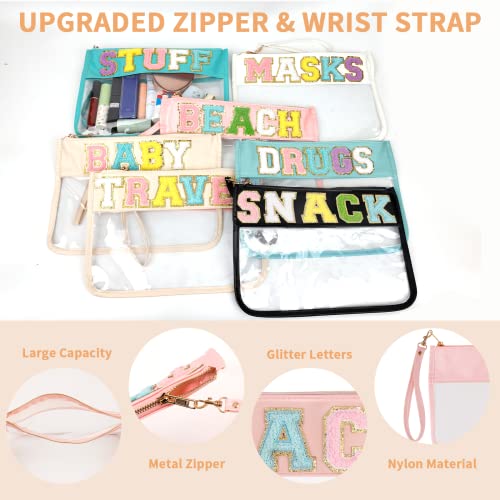 Iqimott Snack Bag Monogram Clear Letter Flat Pouch, Chenille Glitter Letter Patch Makeup Cosmetic Bag Zipper Toiletry Pouch, Portable Travel Beach Wristlet Bags for Women Girls(Snack, Pink) - color: Snack-Pink