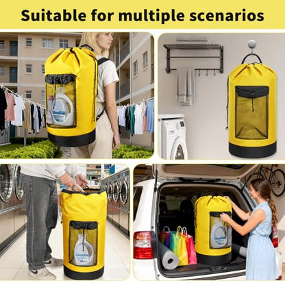 150L Laundry Bag Backpack with 3 Sizes Mesh Wash Bags and Shoulder Straps Foldable Clothes Hamper Bag with Drawstring Closure for College, Apartment, Laundromat(Yellow) - color: Yellow