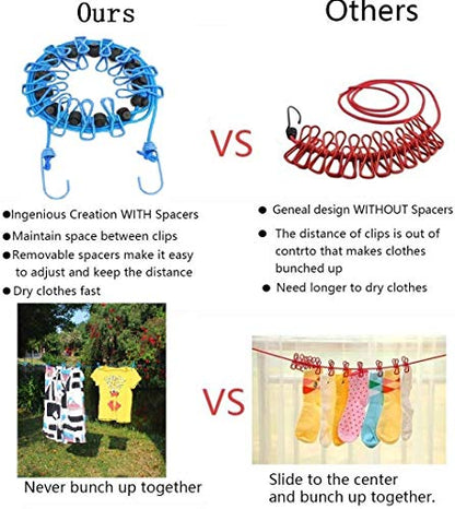 1 Pack Portable Clothesline with 12 Clothespins, Windproof Travel Clothesline Stretchy Retractable Elastic Laundry Clothes Line for Backyard, Vacation Hotel, Balcony Clothes Drying Line - size: 1P - Blue