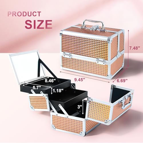 Makeup Train Case, Large Makeup Case with Mirror and Lock, Portable Makeup Box Organizer, 2 Trays Make Up Storage for Travel, Vanity, Cosmetics, Rose Gold