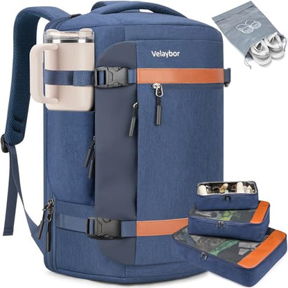 42L Travel Backpack with 4 Packing Cubes, TSA Friendly Flight Approved Carry-On Bag with USB Charging Port, Water-Resistant Weekender Business Backpack for Men Women, Fits 17.3" Laptop(Blue) - color: Blue
