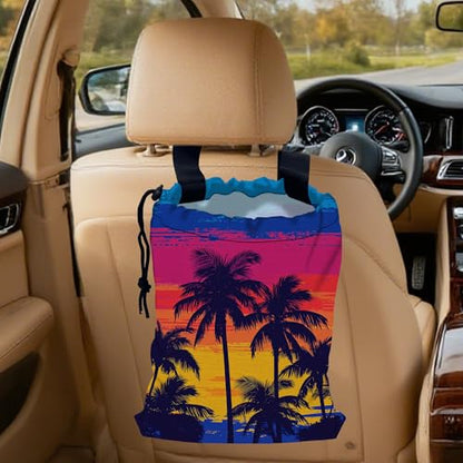 Tropical Palm Trees Car Trash Bag,Beach Sunset Strap Drawstring Car Garbage Bags,Car Back Seat Organizer with Adjustable Buckle for Car Accessories - color: Tropical Palm Trees