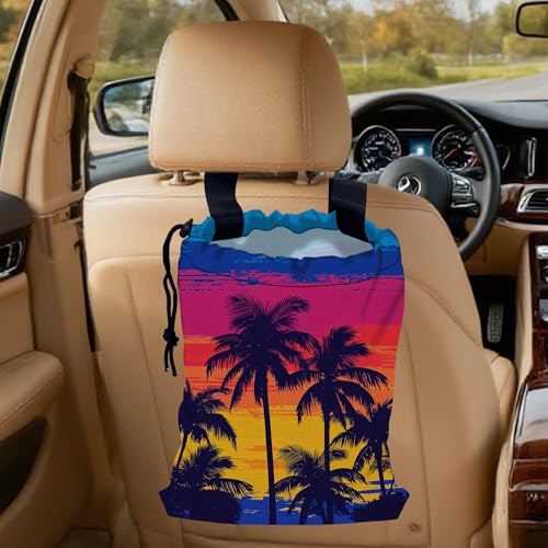Tropical Palm Trees Car Trash Bag,Beach Sunset Strap Drawstring Car Garbage Bags,Car Back Seat Organizer with Adjustable Buckle for Car Accessories - color: Tropical Palm Trees