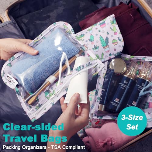 HIONXMGA TSA Approved Toiletry Bag, Set of 3 Clear Travel Toiletry Bag Quart Size Zipper Travel Pouch, Waterproof Makeup Cosmetic Bag for Women Men Kids Toiletries Carry on, Cacti A - color: Cacti a, Mixed Sizes