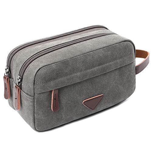 Mactso Men's Toiletry Bag, Vintage Canvas Leather Travel Dopp Kit with 2 Compartments, Heavy Duty Zipper, 9.5x5.5x4 Inch Retro Shaving Makeup Organizer for Business Travel Gym Camping (Grey) - color: Gray