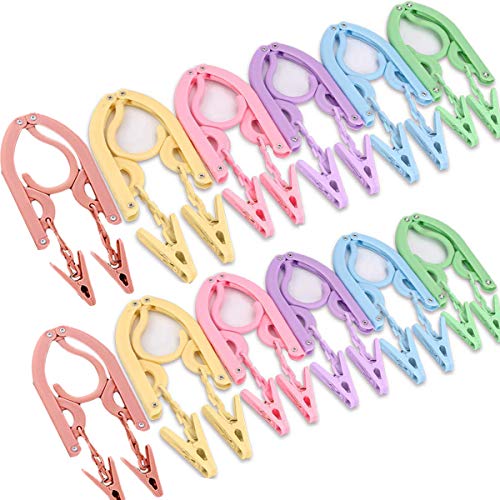 YOUOWO 12 Pcs Travel Hangers with 24 Pcs Clips,Portable Foldable Clothes Hangers for Scarves Suits Trousers Pants Shirts Socks Underwear - size: 12 Pack Hanger without Clothesline