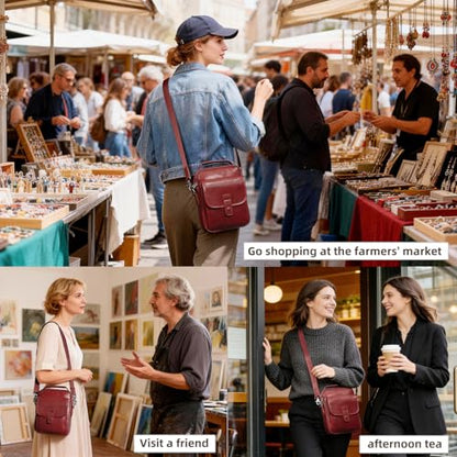 Augus Leather Small Messenger Bag For Men Crossbody Handbag Shoulder Sling Travel Bags for Men Purse Daypack Magnetic Buckle - color: Maroon