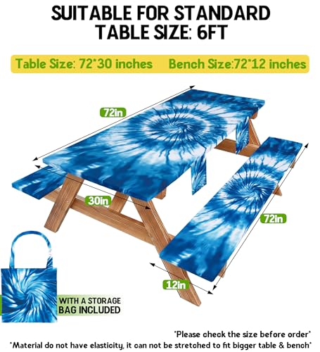 Picnic Table Cover with Bench Covers Camping Essentials Windproof Waterproof Patio Outdoor Tablecloth with Storage Bag, Fitted Rectangle Tables and Seats Tablecover for Rv Owner Camper 72in - color: Blue Tie-dye, size: 72in