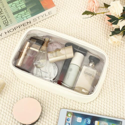 Fammart Clear Makeup Bag with 2 Customizable Chenille Letters - Waterproof PU Leather Cosmetic Case, Large Personalized Toiletry Pouch for Women & Teens, Ideal for Travel & Gift - color: Clear, Large - Beige