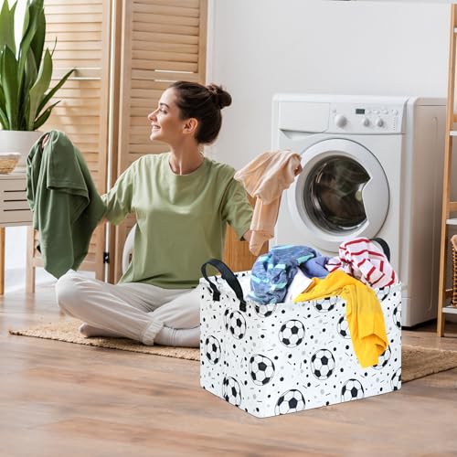Kids Storage Basket with Soccer Print, 14.5" x 10.2" x 9.1", Waterproof with Leather Handles, Collapsible Rectangular Bin for Boys Sports Gear, Toys & Laundry - color: Black dot soccer