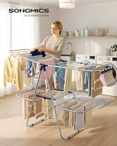 SONGMICS Clothes Drying Rack, Foldable 2-Level Laundry Drying Rack, Free-Standing Laundry Airer, with Height-Adjustable Wings, 33 Drying Rails, Sock Clips, Silver and Blue ULLR53BUV1 - color: Silver + Blue, size: 2 Tiers（22"d x 61.8"w x 64.3''h )