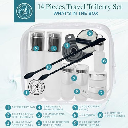 14 Pcs Glass Travel Skincare Containers Set-TSA Approved Toiletry Bag & Glass Travel Bottles for Toiletries Pump, Spray & Dropper Bottles Travel Size for Foundation, Serum Moisturizer Oil & Cream