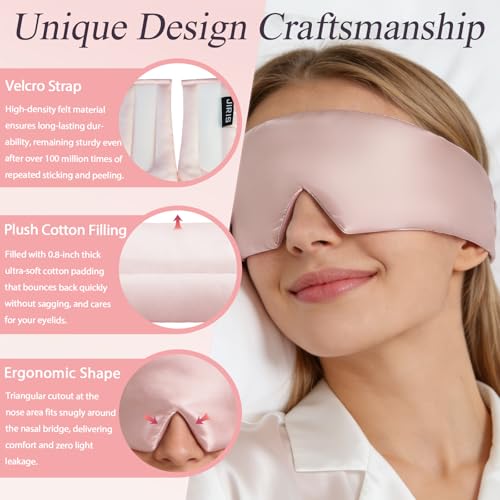 Silk Sleep Eye Mask for Side Sleeper Men Women, Eye Mask Sleeping 100% 22 Momme Pure Mulberry Silk for Night Sleep, Travel, Face-Hugging Padded Eye Cover for Sleeping with Adjustable Band-Pink - color: Pink