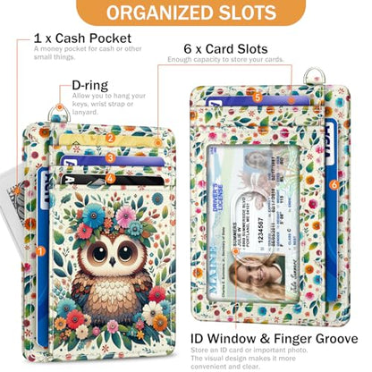 Yonlevres Credit Card Holder Slim Wallet, Floral Owl RFID Wallet Women Front Pocket Small Card Holder, Funny Cute Travel Thin Card Case ID Window PU Leather RFID Blocking Card Organizer Gift Girls - color: Owl