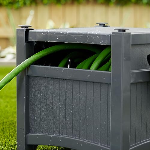 Suncast Garden Hose Hideaway Storage Reel Box, Cyberspace Grey – Resin Outdoor Container, Holds up to 100 Feet of 5/8 Inch Standard Vinyl Water Line – No Assembly Required - size: 100' (Cyberspace)