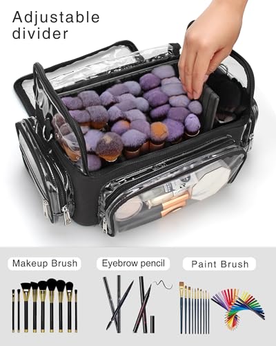 Makeup Brush Bag, Makeup Brush Case for Makeup Artist with Plastic Dividers Washable, Portable Travel Makeup Train Case with Clear Waterproof Cover for Easy to Clean and Find with Adjustable Strap - color: Clear+Black
