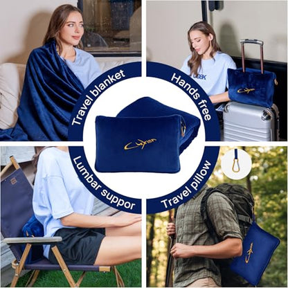 Travel Blanket & Pillow Set, 300 GSM Soft Fleece, 60x43 Inches, 3-in-1 Airplane Blanket, Travel Pillow and Blanket Set, Travel Blanket Airplane Compact with Bag, Travel Essentials, Navy - color: Navy