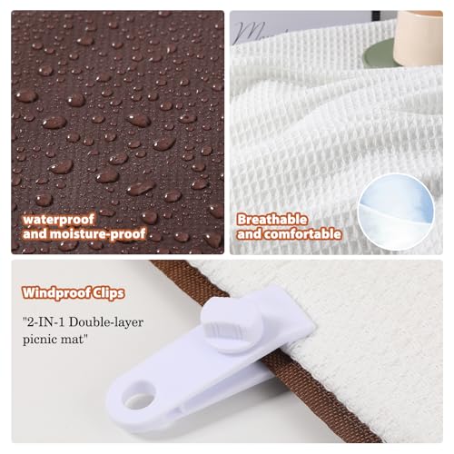 stylish white picnic blanket waterproof and sandproof,all-weather 2-in-1 dual-layer beach blanket for families, outdoor adventures and pets (Grid pattern) - color: White-gird