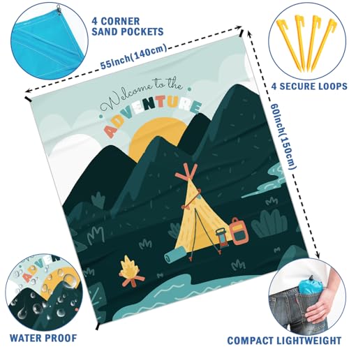 Camping Pocket Picnic Blankets, Camp Mini Beach Camping Blanket Waterproof Sandproof, Welcome to The Adventure RV Outdoor Picnic Blanket Mat Gifts for Camper Campsite Travel Hiking 55x60in - color: Hill