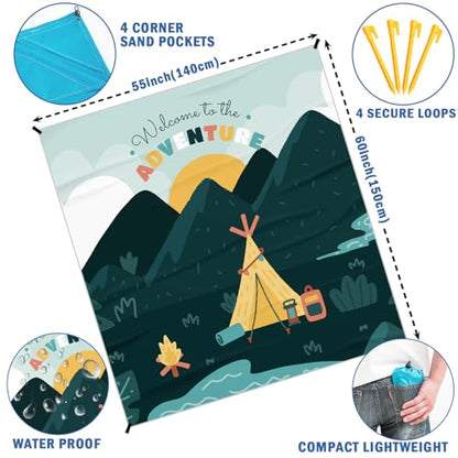Camping Pocket Picnic Blankets, Camp Mini Beach Camping Blanket Waterproof Sandproof, Welcome to The Adventure RV Outdoor Picnic Blanket Mat Gifts for Camper Campsite Travel Hiking 55x60in - color: Hill