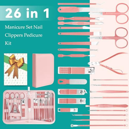 Nail Clippers Set, 26 Piece Manicure Set & Pedicure Kit, Stainless Steel Fingernail & Toenail Clipper Cutters, Professional Nail Care Tools with Luxurious Travel Case for Men and Women, Metallic Pink - color: Metallic Pink