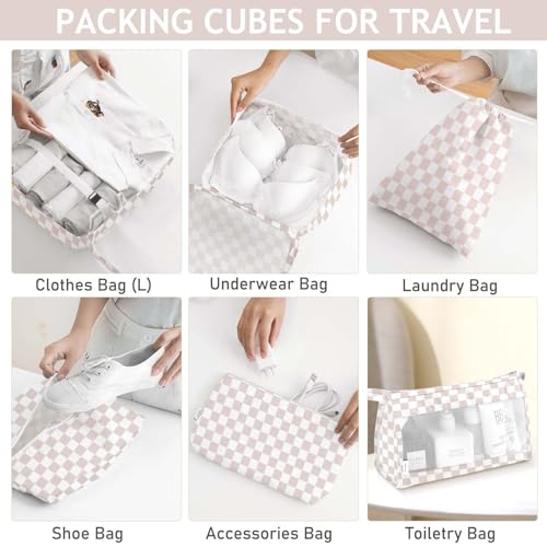 KPX 8 Set Packing Cubes for Travel, Luggage Packing Organizers Accessories Large Toiletries Bag for Clothes Shoes Cosmetics (8Set-Nude Pink Plaid) - color: 8Set-Nude Pink Plaid