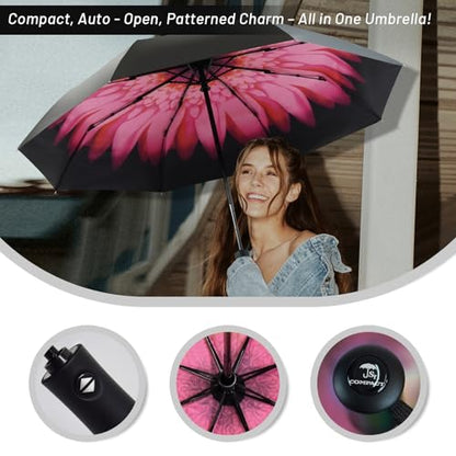 SY COMPACT Travel Umbrella - Windproof Automatic Compact Umbrella for Rain, Lightest 8-Rib, Small, Strong & Portable, Durable Grip, Fits Backpack & Car, Factory Direct (UV Available) - color: UPF-Flower red