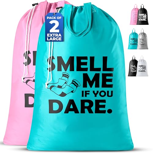 Extra Large Travel Laundry Bag - 2-Pack Fun Print Design Bags for Dirty Clothes - Durable Water-Resistant Fabric - Sturdy Drawstring Closure (Pink-Teal | Smell Me If You Dare) - color: Pink-teal | Smell Me