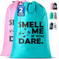 Extra Large Travel Laundry Bag - 2-Pack Fun Print Design Bags for Dirty Clothes - Durable Water-Resistant Fabric - Sturdy Drawstring Closure (Pink-Teal | Smell Me If You Dare) - color: Pink-teal | Smell Me