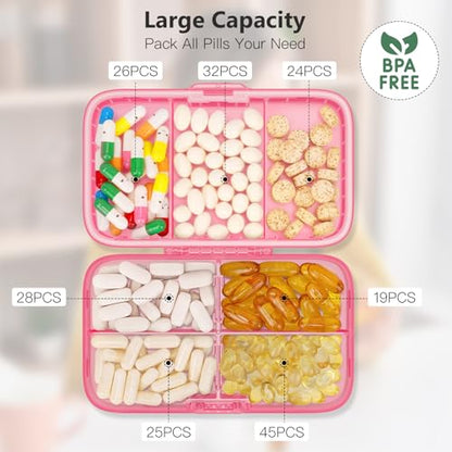 FYY Weekly Pill Organizer with Labels,8 Compartments Travel Daily Pill Case Airtight Moistureproof Large Pill Box to Hold Vitamins, Fish Oil, Supplements,Cotton Swab and Bandages-Hot Pink - color: Hot Pink