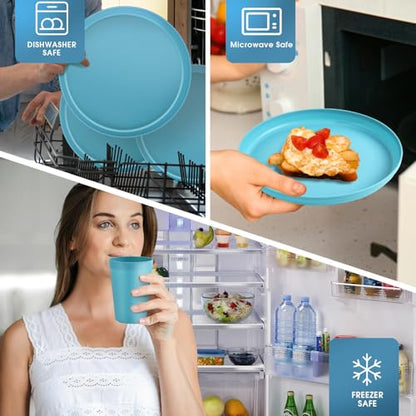 40 Piece Plastic Dinnerware Set for 8 with Cutlery, Unbreakable Plates and Bowls Set, Dishwasher & Microwave Safe Reusable Dish Set for Camping, RV, Outdoor Kitchen, Apartment Dining, Teal - color: Blue