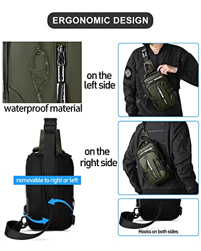 SEAFEW Small Sling Crossbody Backpack Shoulder Bag for Men, Lightweight One Strap Backpack Sling BacK pack for Hiking Walking Biking Travel Cycling USB Charger Port-Nylon (Olive Green) - color: Green-small