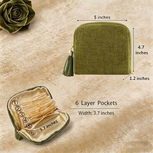 Small Travel Jewelry Case for Women, 6-Layer Velvet Organizer Pouch with Zipper, Anti-Scratch Portable Bag for Bracelets, Rings, Earrings & Necklaces (Olive Green) - color: Olive Green