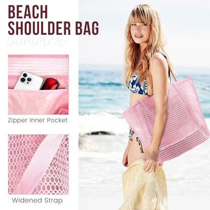 HOHOM Beach Bags for Women, Summer Travel Mesh Tote Bag with Large Inner Pocket, Sandproof Woven Shoulder Handbag - color: Pinky