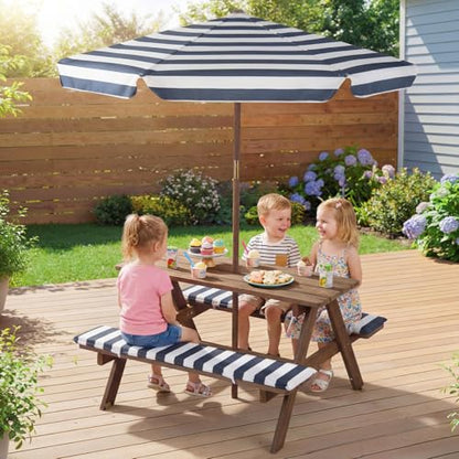 Costzon Kids Picnic Table, Wooden Toddler Outdoor Table & Bench Set with Removable Umbrella & Cushions, Stripe Fabric, Kids Outdoor Furniture for Patio Backyard Garden, Fits 4 Children Age 3+ (Navy)