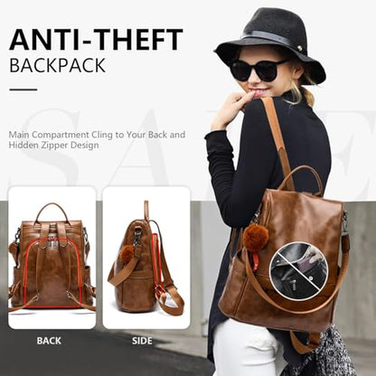 CHERUTY Women Backpack Purse PU Leather Anti-theft Casual Shoulder Bag Fashion Ladies Satchel Bags - color: Tan, size: Medium