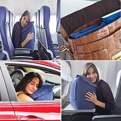 SkyRest® Inflatable Head Neck Rest Travel Pillow - Portable Patented Design Napping Pillows for Airplanes Buses Cars Office Trains Outdoor Camping - Gift for Men Women