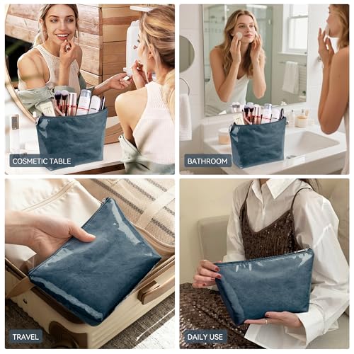 WLLWOO PVC Waterproof Makeup Bag Kraft Paper Cosmetic Bag Travel Toiletry Zipper Pouch Organizer for Women Purse - color: PVC-Dark Blue