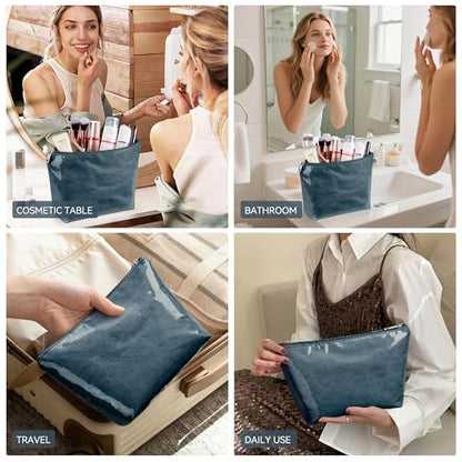 WLLWOO PVC Waterproof Makeup Bag Kraft Paper Cosmetic Bag Travel Toiletry Zipper Pouch Organizer for Women Purse - color: PVC-Dark Blue