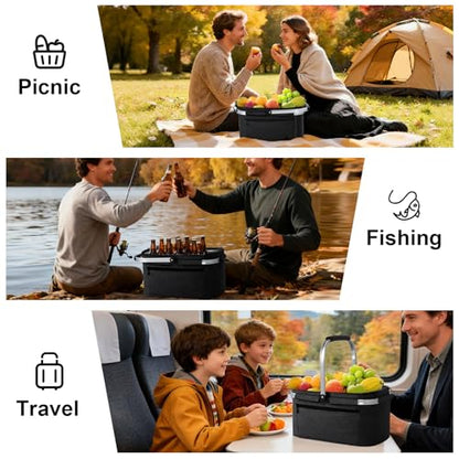 ALLCAMP Picnic Basket - 2 Ice Box Included 32L Insulated Cooler, Thickening Foldable Picnic Basket with Removable Baskets & Sewn-in Frame, Basket for House Warming Gifts New Home(Black) - color: Black, size: Large