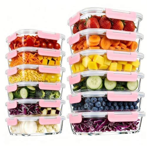 Konokyo Rectangular Glass Food Storage Containers with Lids, 12 Pack Airtight Leakproof Meal Prep Containers, BPA-Free, Microwave Oven Freezer & Dishwasher Safe, Assorted Sizes - color: Pink